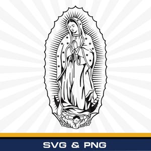 Puede incluir: Ilustración en blanco y negro de la Virgen de Guadalupe, figura religiosa, con las manos juntas en oración. Está rodeada por un marco ovalado con líneas radiantes y estrellas en su manto. Incluye el texto "SVG & PNG".