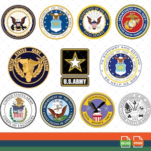 May include: A collection of circular military and government emblems. The designs feature eagles, stars, and other patriotic symbols. The emblems are in various colors, including gold, blue, and red, with text such as "U.S. Army" and "Department of the Navy".