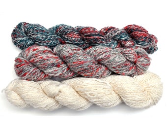 Handspun yarn - Luxury Yarn Packs for Adventurous Knitters - 346 yards - Yuletide Pack - Red, Green, White and Silver