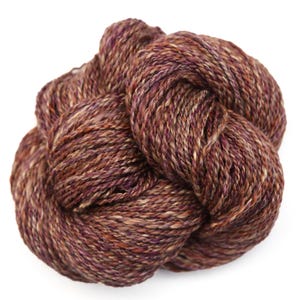 May include: A skein of yarn in a deep brown color with flecks of purple and beige. The yarn is made of wool and is perfect for knitting or crocheting.