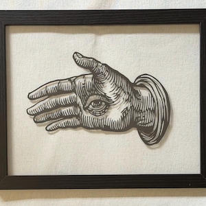 May include: Framed artwork featuring a detailed black and white illustration of a hand with an eye in the palm. The hand is emerging from a circular form. The artwork is set against a light beige background and enclosed in a black frame.