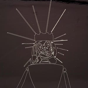 May include: A black graphic illustration of a figure wearing a crown with radiating lines. The figure has a detailed face and a simple body shape, all rendered in white lines against a dark background.