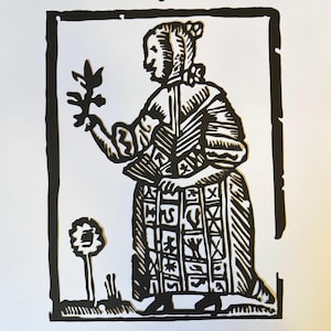 May include: Black and white woodcut print of a person in a long dress holding a sprig of leaves. The person is in profile, with a detailed depiction of their clothing and hairstyle. A stylized flower is in the lower left corner.