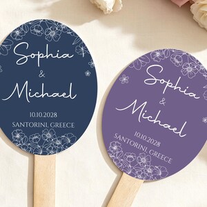 Wedding Program Oval Fan, Program Fan with Timeline, Sage Green, Royal Blue, Lavender Purple Printed Paddle Fan, Assembled Ceremony Hand Fan