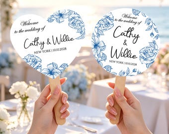 Ventagli personalizzati con stampa fronte-retro, eleganti ventagli da sposa con motivo floreale e fiocco, bomboniere per matrimoni in chiesa e addii al nubilato.