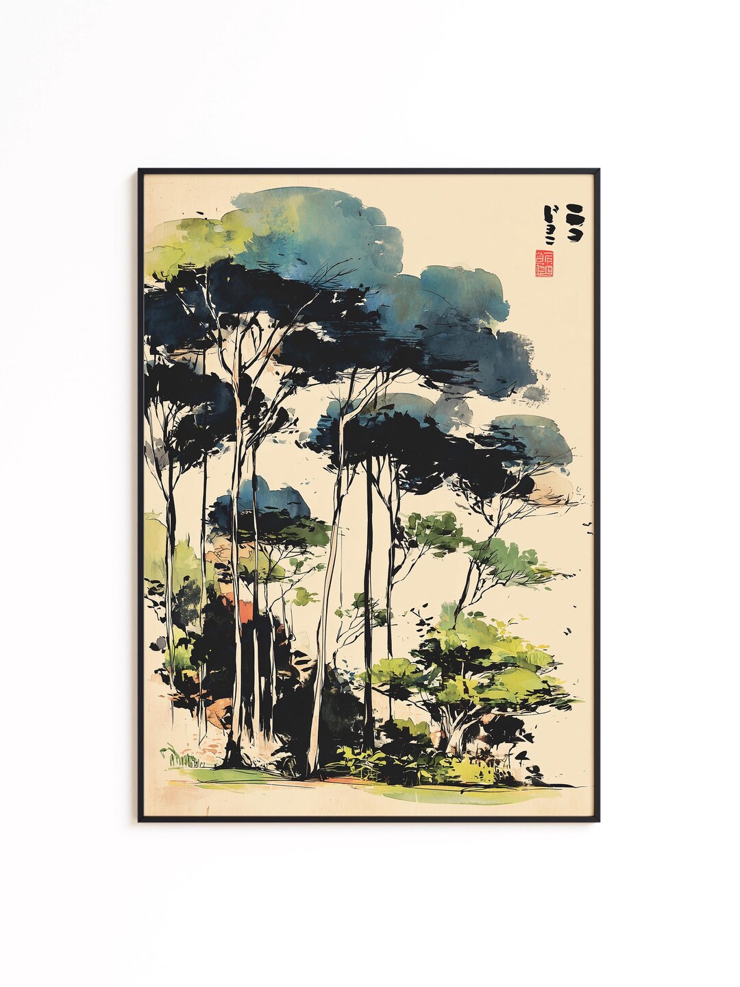 Japanese Sumi E Forest Wall Art Print, Minimalist Ink Trees Painting ...