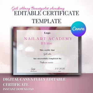 Op de afbeelding: Een digitaal certificaat sjabloon met de tekst "NAILART ACADEMY BYme" en "Pedicure course". Het certificaat is volledig bewerkbaar in Canva en direct te downloaden. Het ontwerp bevat een roze en wit kleurenschema.