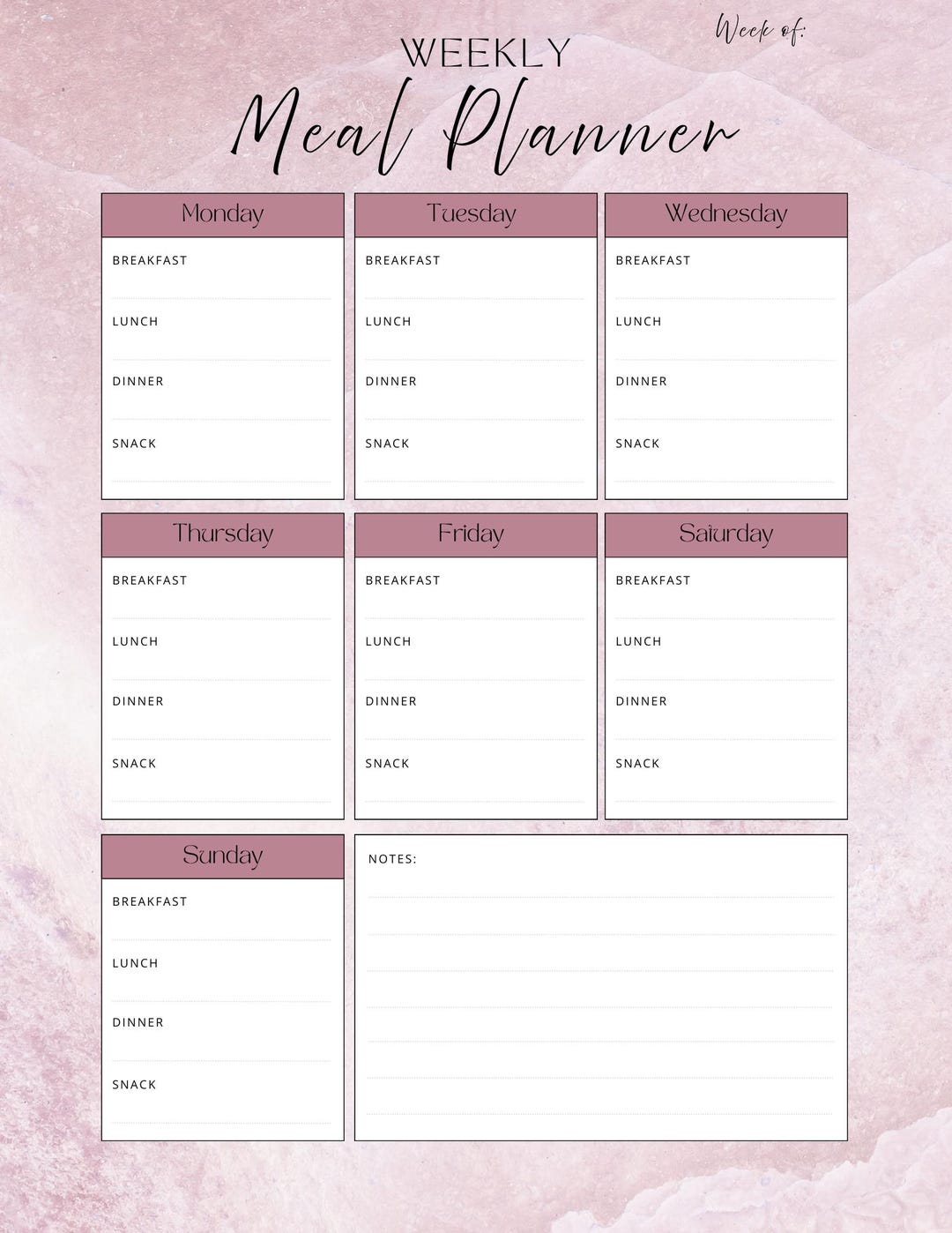 Food Plan Note Simple Weekly Meal Planner Printable & Notes | Soft Pink Meal Planning ...