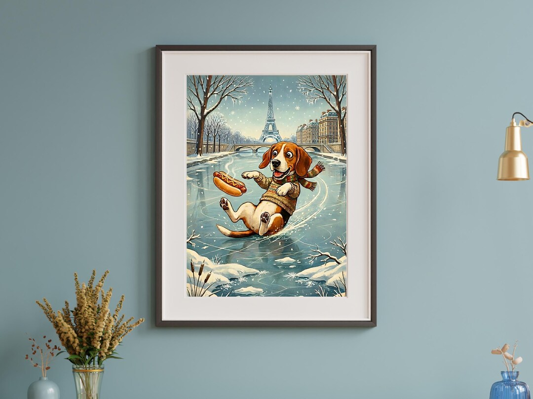 Dog Ice Rink Sign Funny Beagle Dog Ice Skating Poster | Paris Winter Wall Art | Hot Dog ...
