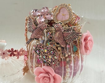 Pink Statement Jewelry Mystery Jar, Sparkly Heart Charm Jewelry Box, Coquette Y2K Glam Mix, Cute Aesthetic Surprise Gift for Her
