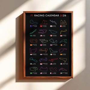 F1 2026 racekalender poster, F1-circuitgids, Formule 1-circuitkaart afdrukken, minimalistische F1-muurkunst, motorsportcadeau voor F1-fans