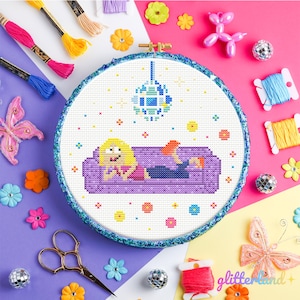 Patrón de punto de cruz de niña de dibujos animados (PDF), años 90, nostalgia, años 2000, Y2K, bordado, millennial, dibujos animados