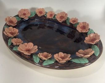 Ceramic Serving Platter, Ceramic Flower Platter, Home Decor Platter, Ceramic Art Flower Platter