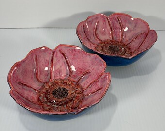 Hand-Built Ceramic Flower Bowls, Red Earthenware Salad Cereal Dishes