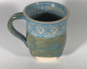 Ceramic mug, Sgraffito Mug, Hand Built Ceramic Mug, Ceramics and Pottery Mug, Hand Carved Ceramics, Blue Mug