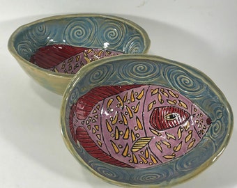 Ceramic Cereal Bowls (Set of 2), Ceramic Fish Bowl, Ceramics and Pottery Cereal Bowl Fish, Ceramic Art Bowls