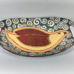 Hand Carved Ceramic Bird Tray: Sgraffito Pottery Serving Platter