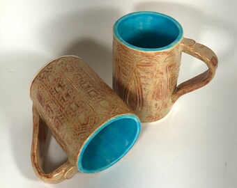 Set of Hand Carved Coffee Mugs, Ceramic and Pottery Beige and Blue Mug, Ceramic Coffee Mug