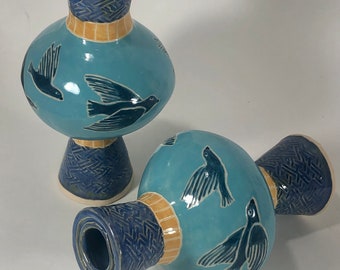 Handmade Ceramic Candlestick Holder, Ceramic Art Candleholder, Ceramics and Pottery, Sgraffito Pottery, Bird Ceramics