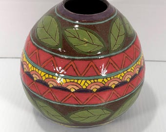Handmade Sgraffito Ceramic Vase with Colorful Botanical Leaf Design, Unique Artisan Pottery Decor