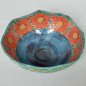 Hand Carved Floral Sgraffito Earthenware Bowl, Handmade Ceramic Pottery, Food Safe, Dishwasher Safe