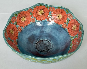 Hand Carved Floral Sgraffito Earthenware Bowl, Handmade Ceramic Pottery, Food Safe, Dishwasher Safe