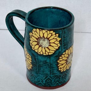 Handmade Pottery Sunflower Mug, Teal Blue Ceramic Coffee Cup, Unique Nature Lover Gift