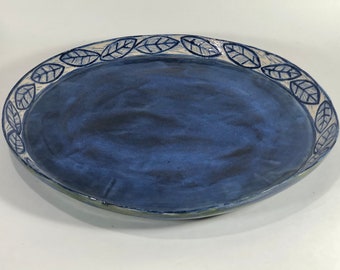 Blue Ceramic Plate, Ceramics and Pottery Serving Plate, Sgraffito Pottery