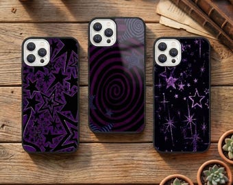 Purple Stars schokbestendig hoesje voor Apple iPhone 17 16 15 14 13 12 11 XR X 8 7 Samsung spiraalpatroon Galaxy S 25 24 23 22 21 20 Ultra Plus
