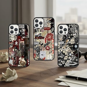 May include: Three black iPhone cases with a collage design. The cases feature a mix of images, including musical instruments, lips, stars, and text. The cases have a black border and are on a wooden surface.