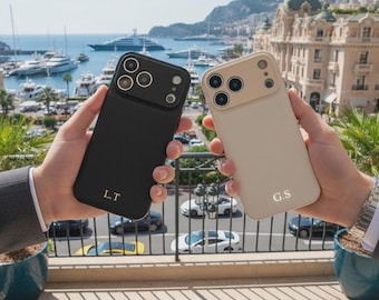 Luxury Personalized Gold Initials Vegan Leather Case for iPhone 17 16 15 14 13 12 11 XR 16e Mini Pro Max Black White Beige Red Blue Pink