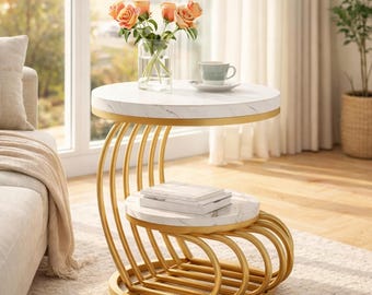 Modern Gold Round Side Table with Marble Look Top, 2 Tier End Table, Small Space Nightstand, Luxury Accent Table Living Room