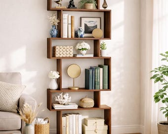 S Shaped Bookshelf 6 Tier Wooden Bookcase Modern Geometric Storage Shelf Tall Narrow Display Rack Living Room Organizer