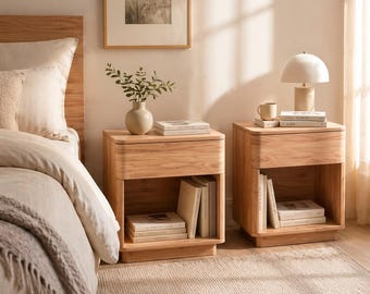 Modern Wood Nightstand Set of 2 with Charging Station, Bedside Table with Drawer & Shelf, Farmhouse Night Stand, Bedroom Storage Table