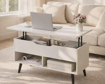 Lift Top Coffee Table, White Wood Hidden Storage, Modern Small Space Furniture