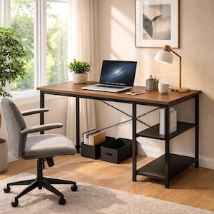 Industrial Computer Desk with Storage Shelves, 47 Inch Rustic Wood Writing Table