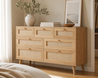 Mid Century 6 Drawer Dresser, Rattan Wood Dresser, Boho Bedroom Storage Cabinet, Cane Front Chest, Modern Farmhouse Furniture