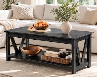 Modern Farmhouse Coffee Table with Storage Shelf, Black Wood Metal Center Table, Living Room Accent Table, Industrial Style