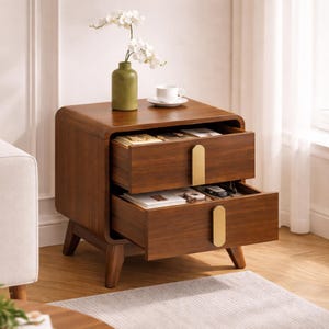 Mid-Century Modern Walnut Nightstand, Two Drawer Wooden Bedside Table