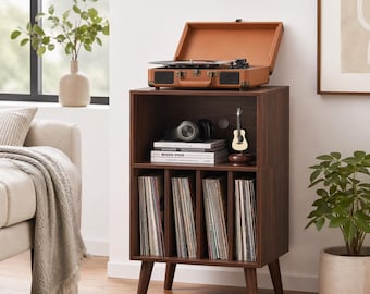Mid Century Record Player Stand, Vinyl Storage Cabinet, Turntable Stand with Shelves, Wood Media Console, Retro Album Organizer