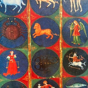 May include: A rectangular surface featuring twelve circular medallions, each depicting a zodiac sign. The illustrations include a blue goat, a bull, twins, a crab, a lion, an angel, a person holding scales, a scorpion, a centaur, a sea creature, a person pouring water, and two fish, all set against a red and green background.