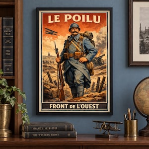 May include: A framed poster titled LE POILU FRONT DE L'OUEST featuring a French soldier in a blue uniform holding a rifle. The background shows a battlefield with barbed wire, a biplane, and smoke under an orange sky. The soldier wears a helmet.