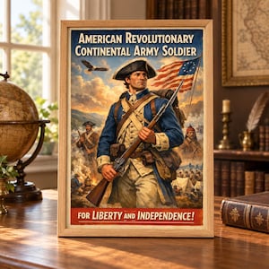 May include: A framed poster titled American Revolutionary Continental Army Soldier featuring a soldier in a blue uniform holding a musket, with an American flag and eagle in the background. The bottom text reads FOR LIBERTY AND INDEPENDENCE!