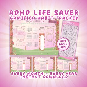Op de afbeelding: Roze en witte ADHD Life Saver gegamificeerde gewoontetracker met de tekst "My Epic Journey". Het ontwerp bevat een kasteel, rozen en de woorden "Gift Included". De onderkant van de afbeelding luidt "Every Month - Every Year Instant Download".