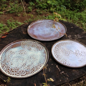 Hand Crafted Lace Pottery Plate, Ceramic Trinket Dish, Doily Imprint Stoneware Plate, Cottage Decor, Choose Size