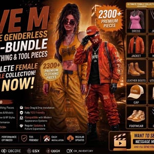 Könnte beinhalten: Eine digitale Werbegrafik für ein FiveM Ultimate Genderless Mega-Bundle mit über 2300 Premium-Kleidungsstücken und Werkzeugen. Das Bild zeigt zwei Figuren in Streetwear, ein Raster mit verschiedenen Kleidungsstücken und Text zu Inhalt, Kompatibilität und Funktionen.