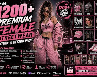 May include: A digital promotional graphic for a FiveM 1200+ premium female streetwear texture and design pack. It features a central figure in a pink crop top and cargo pants, surrounded by thumbnails of clothing, accessories, and footwear.
