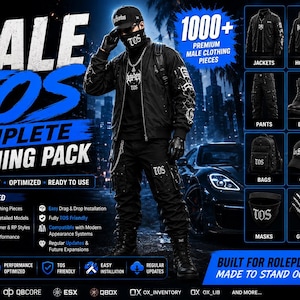 May include: A digital clothing pack for FiveM featuring a central figure in black streetwear, including a jacket, trousers, cap, and mask with TOS branding. The graphic displays 1000+ items like hoodies, boots, chains, and gloves in a grid layout.