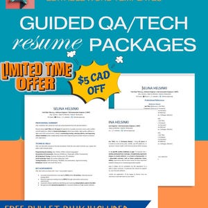 Könnte beinhalten: Eine teal- und orangefarbene Grafik, die für "GUIDED QA/TECH resume PACKAGES" wirbt. Der Text enthält "LIMITED TIME OFFER" und "$5 CAD OFF". Das Dokument enthält eine Lebenslaufvorlage mit dem Namen "SELINA HELSINKI".