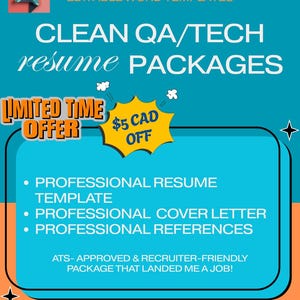 Op de afbeelding: Een teal en oranje afbeelding die "CLEAN QA/TECH resume PACKAGES" promoot. De afbeelding bevat tekst voor een tijdelijke aanbieding van $5 CAD korting en vermeldt professionele cv-sjablonen, sollicitatiebrieven en referenties.